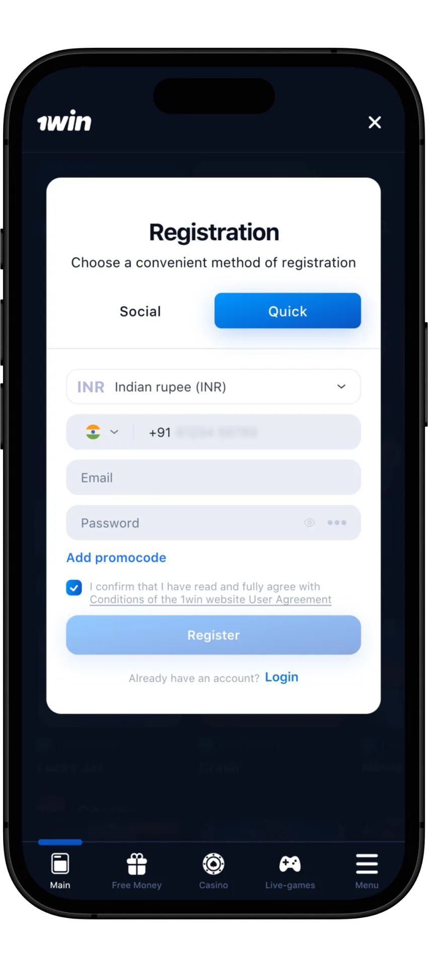 ऐप इंस्टॉल करने से पहले 1win वेबसाइट पर एक अकाउंट बनाएं।