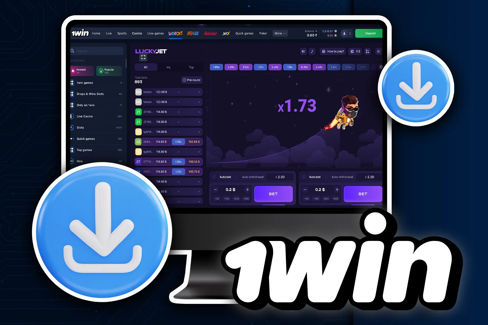 अपने पीसी या लैपटॉप पर 1win ऐप डाउनलोड करें और लकी जेट खेलना शुरू करें।