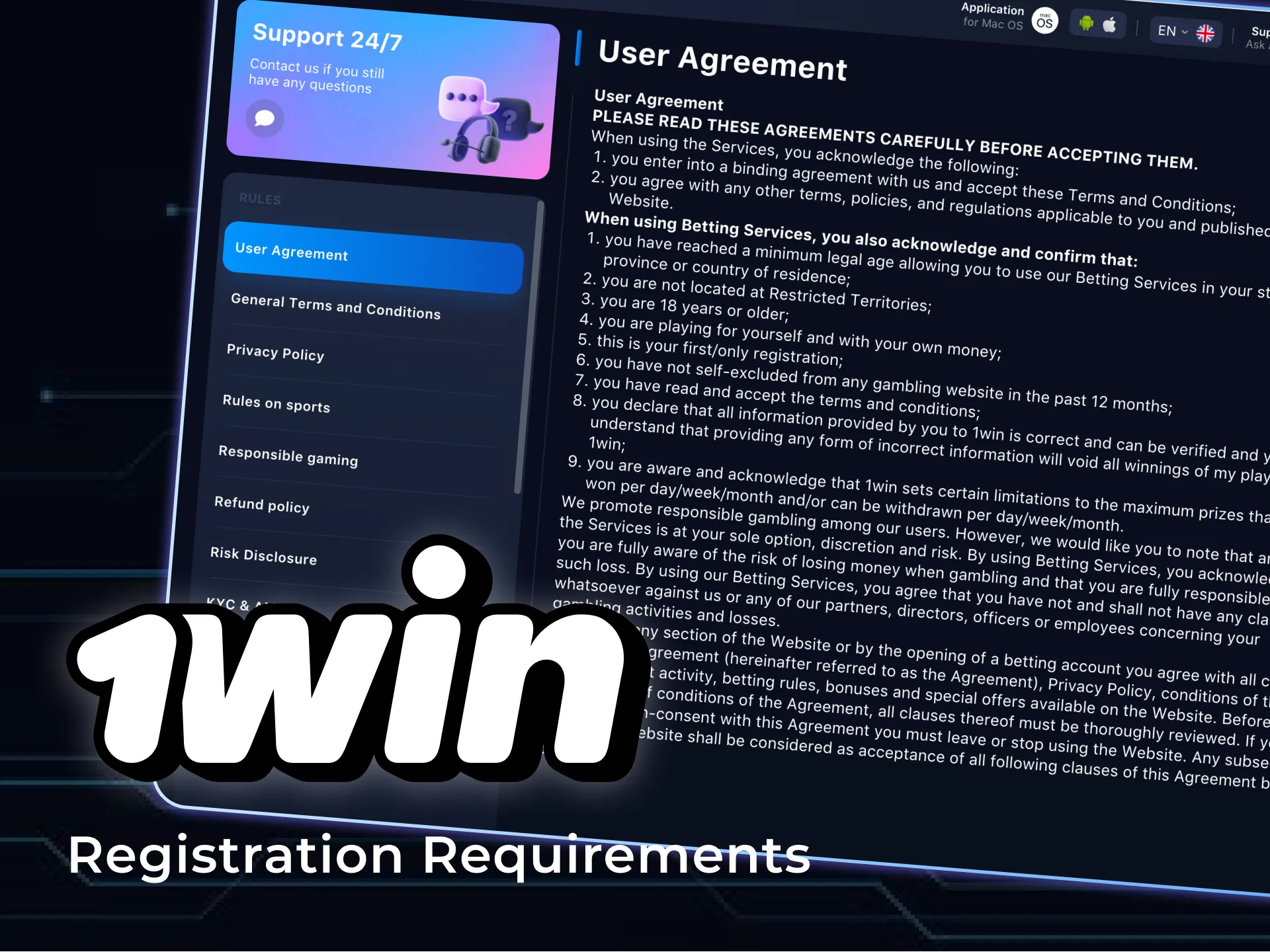 1win खाता बनाने के लिए आवश्यकताओं को पूरा करें।