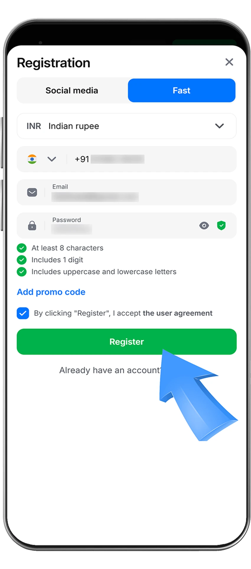 Complete your registration at 1Win by clicking on the button.