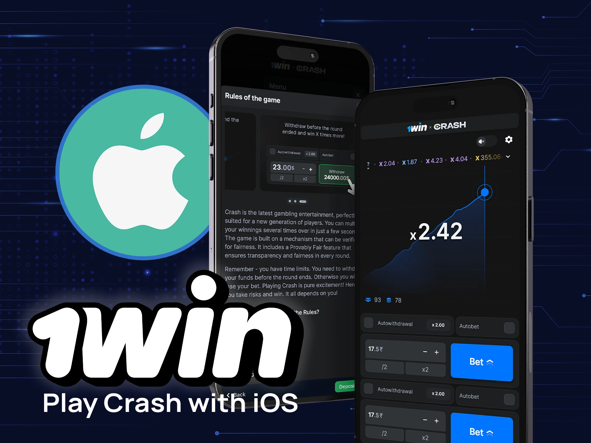 Start playing Crash on iOS with the 1win app and win on the go.